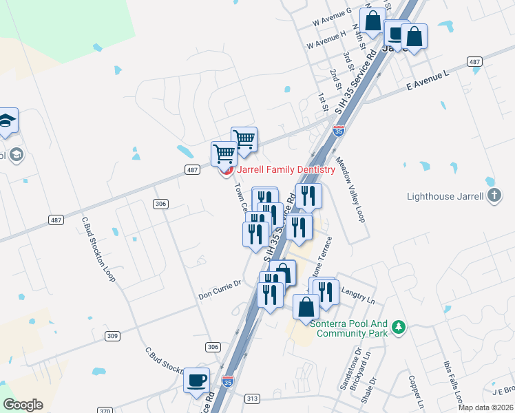 map of restaurants, bars, coffee shops, grocery stores, and more near 117 Calvin Smith Lane in Jarrell