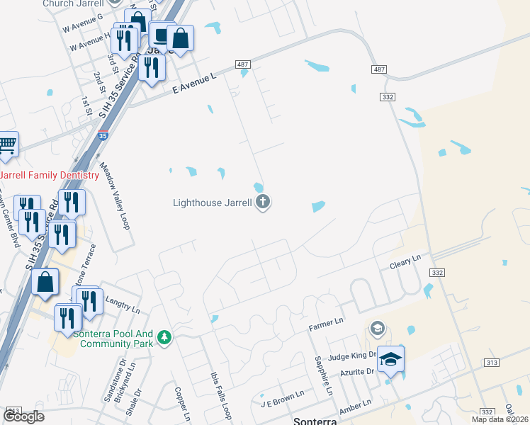 map of restaurants, bars, coffee shops, grocery stores, and more near 346 Park Meadow Drive in Jarrell
