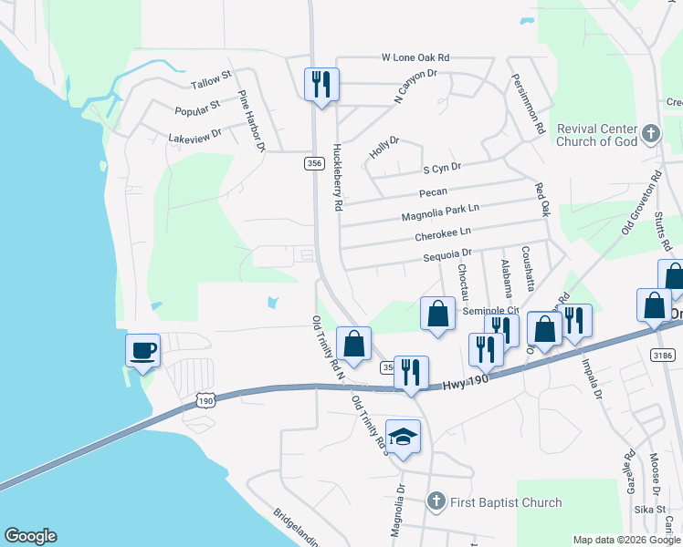 map of restaurants, bars, coffee shops, grocery stores, and more near Hackberry Road in Onalaska