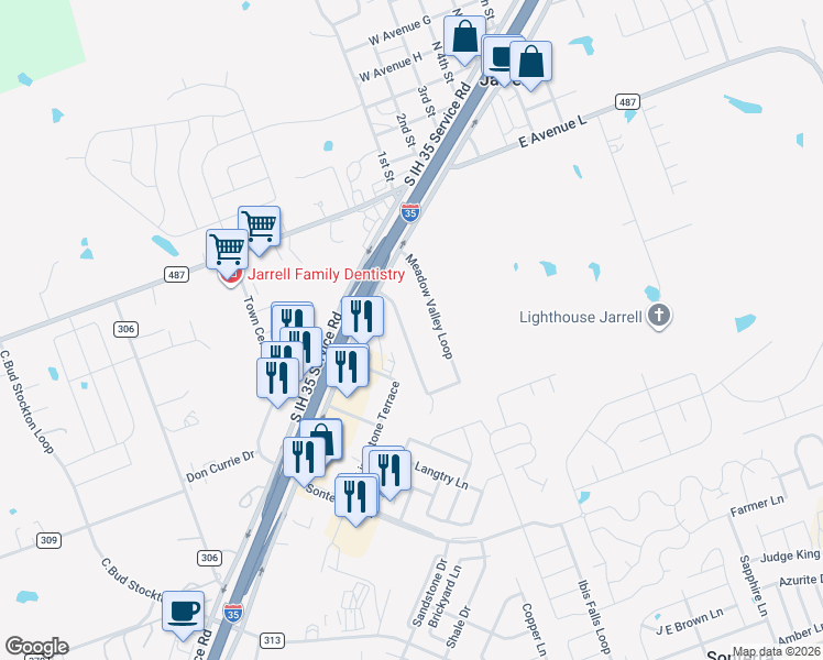 map of restaurants, bars, coffee shops, grocery stores, and more near 137 Meadow Valley Loop in Jarrell