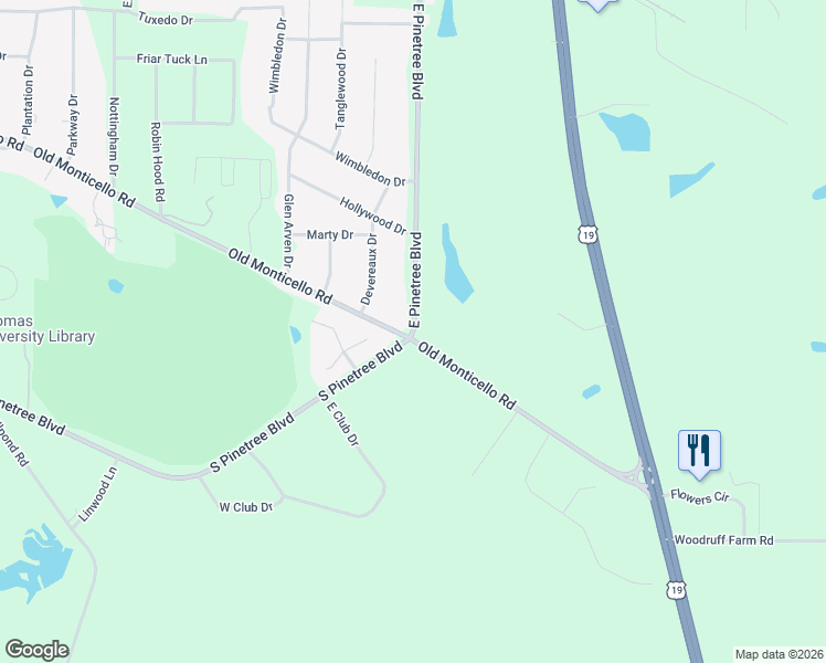 map of restaurants, bars, coffee shops, grocery stores, and more near 2410 Old Monticello Road in Thomasville