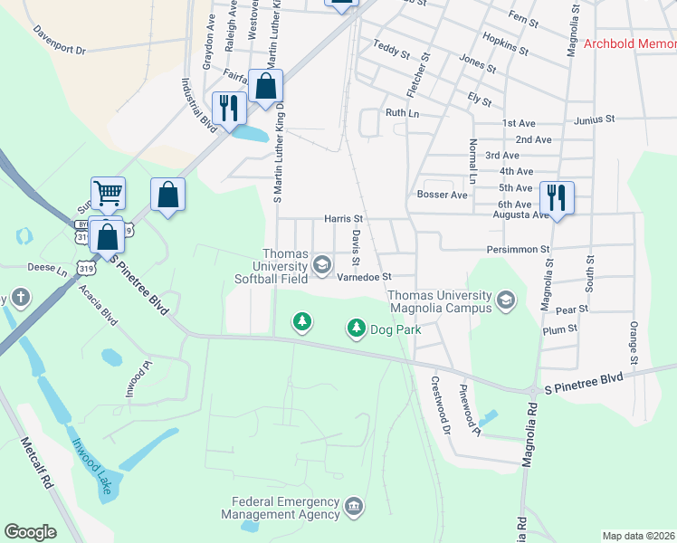 map of restaurants, bars, coffee shops, grocery stores, and more near 401 Varnedoe Street in Thomasville