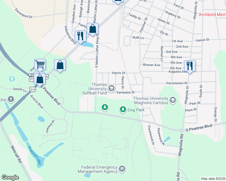 map of restaurants, bars, coffee shops, grocery stores, and more near 401 Varnedoe Street in Thomasville