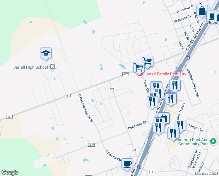 map of restaurants, bars, coffee shops, grocery stores, and more near 600 County Road 306 in Jarrell