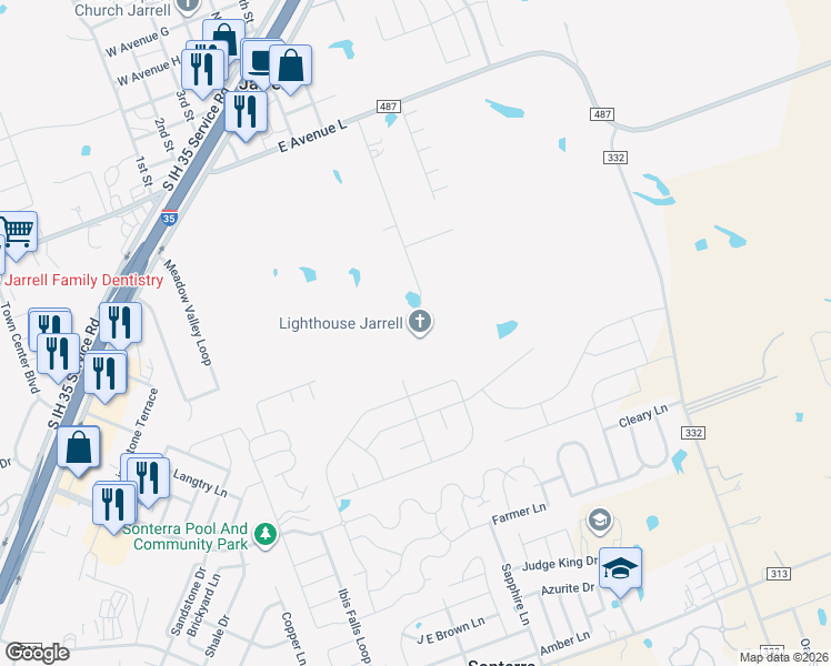 map of restaurants, bars, coffee shops, grocery stores, and more near 346 Park Meadow Drive in Jarrell