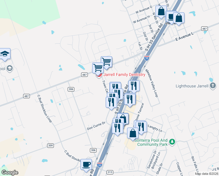map of restaurants, bars, coffee shops, grocery stores, and more near 539 Town Center Boulevard in Jarrell