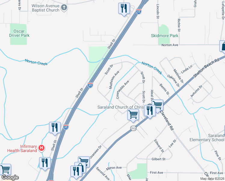 map of restaurants, bars, coffee shops, grocery stores, and more near 149 Courtaulds Ave in Saraland