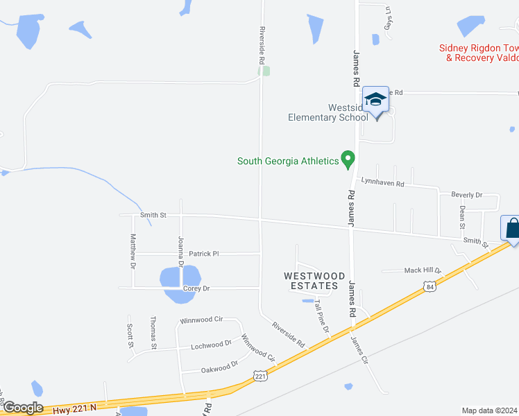 map of restaurants, bars, coffee shops, grocery stores, and more near 2409 Riverside Drive in Valdosta