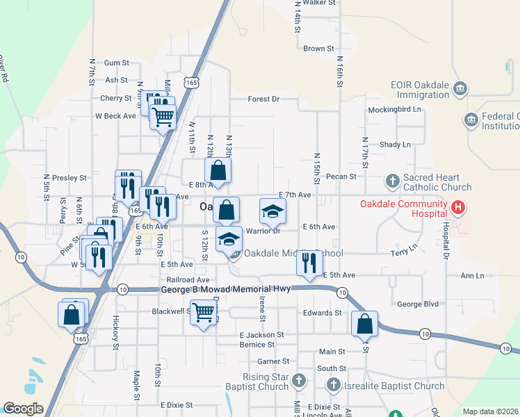 map of restaurants, bars, coffee shops, grocery stores, and more near Warrior Drive in Oakdale