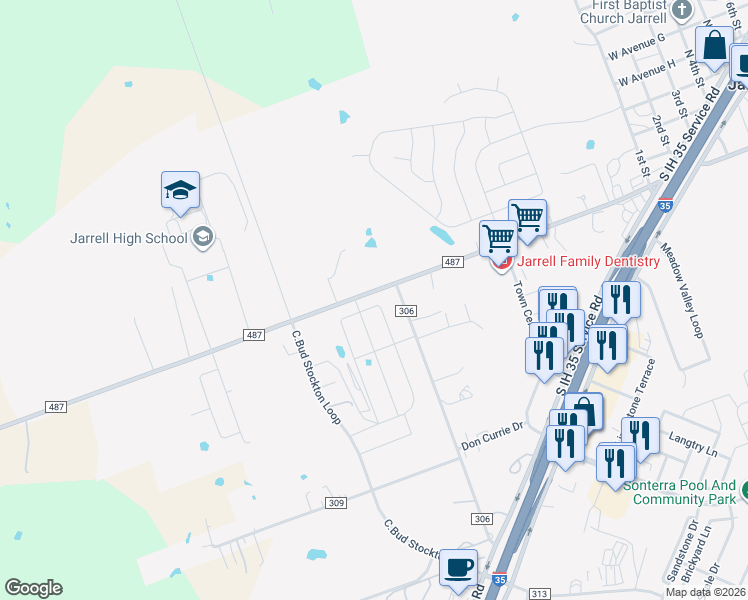 map of restaurants, bars, coffee shops, grocery stores, and more near 600 County Road 306 in Jarrell
