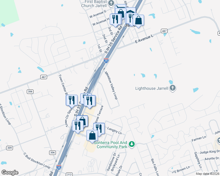 map of restaurants, bars, coffee shops, grocery stores, and more near 137 Meadow Valley Loop in Jarrell