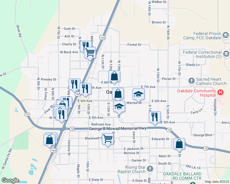 map of restaurants, bars, coffee shops, grocery stores, and more near in Oakdale