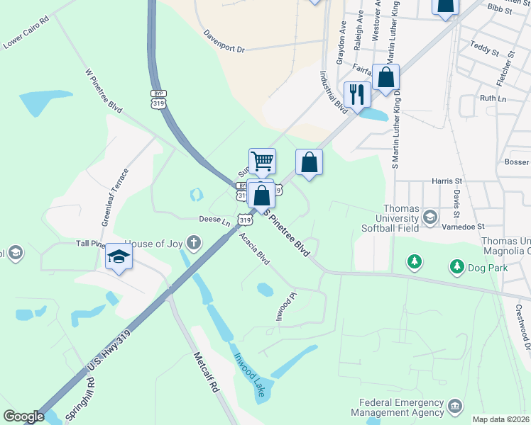map of restaurants, bars, coffee shops, grocery stores, and more near 1335 West Jackson Street in Thomasville