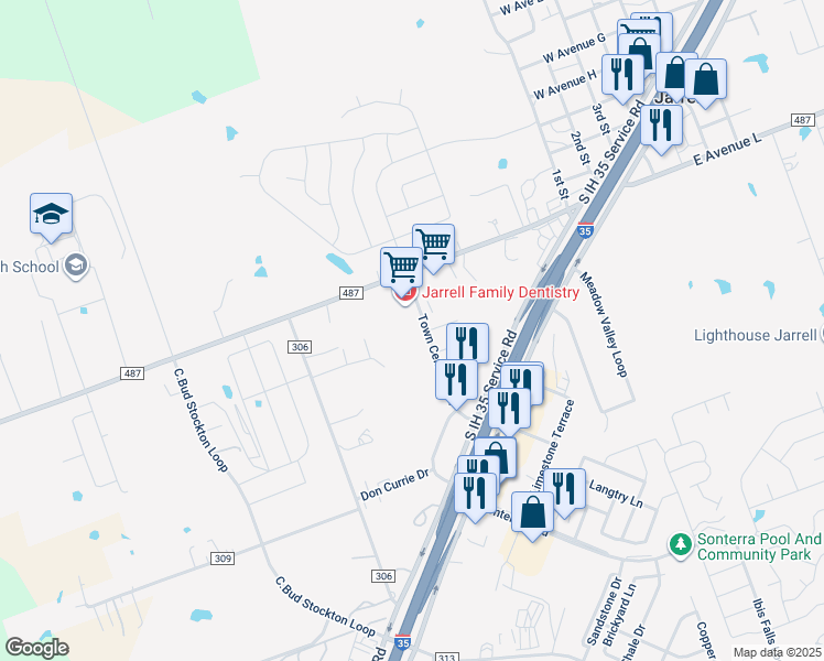 map of restaurants, bars, coffee shops, grocery stores, and more near 161 Town Center Boulevard in Jarrell