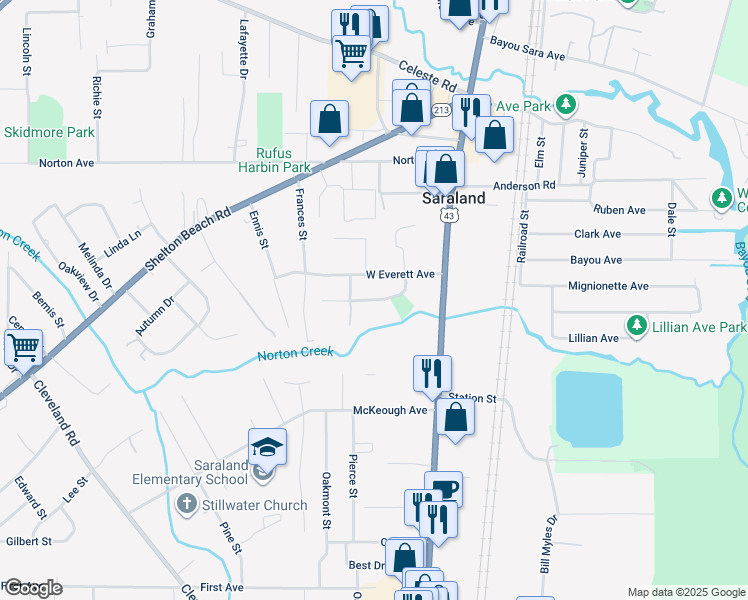 map of restaurants, bars, coffee shops, grocery stores, and more near 23 Bethel Forest Drive South in Saraland