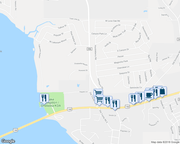 map of restaurants, bars, coffee shops, grocery stores, and more near Farm to Market 356 in Onalaska