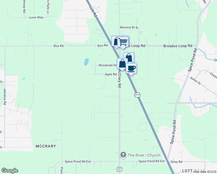 map of restaurants, bars, coffee shops, grocery stores, and more near 6034 Alice Road in Semmes