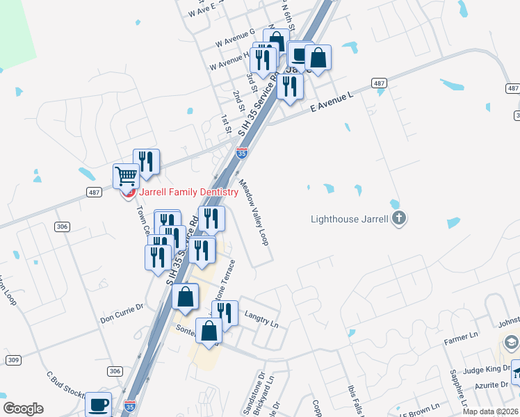 map of restaurants, bars, coffee shops, grocery stores, and more near 348 Meadow Valley Loop in Jarrell