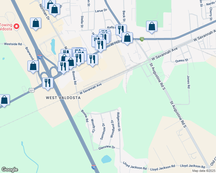 map of restaurants, bars, coffee shops, grocery stores, and more near 2305 West Savannah Avenue in Valdosta