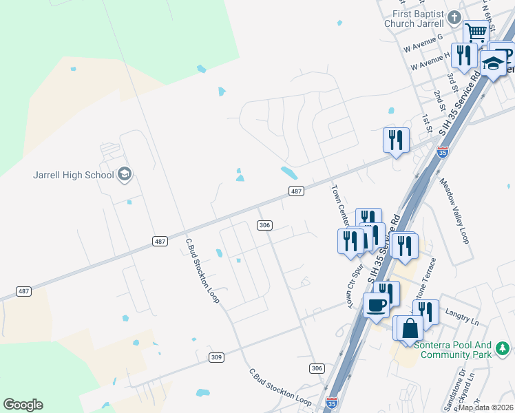 map of restaurants, bars, coffee shops, grocery stores, and more near Farm to Market 487 in Jarrell
