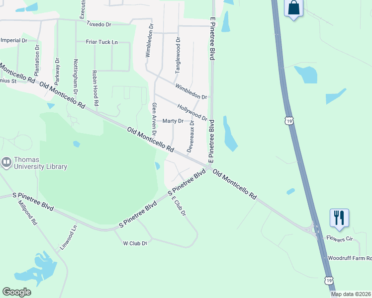 map of restaurants, bars, coffee shops, grocery stores, and more near 2105 Old Monticello Road in Thomasville