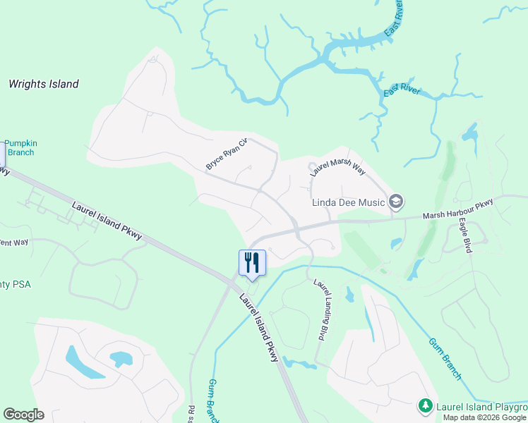 map of restaurants, bars, coffee shops, grocery stores, and more near 115 Fiddlers Cove Drive in Kingsland