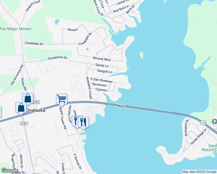 map of restaurants, bars, coffee shops, grocery stores, and more near 133 Sweet Gum Forest in Onalaska