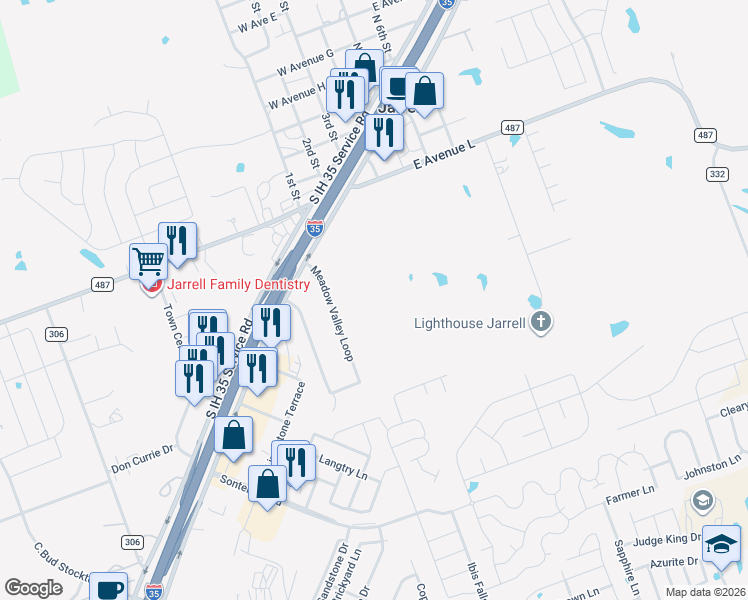 map of restaurants, bars, coffee shops, grocery stores, and more near 348 Meadow Valley Loop in Jarrell