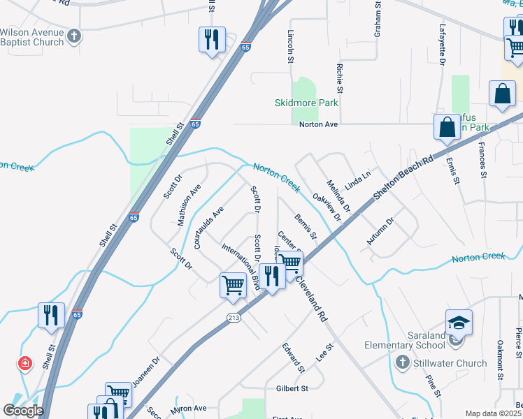 map of restaurants, bars, coffee shops, grocery stores, and more near 434 Scott Drive in Saraland