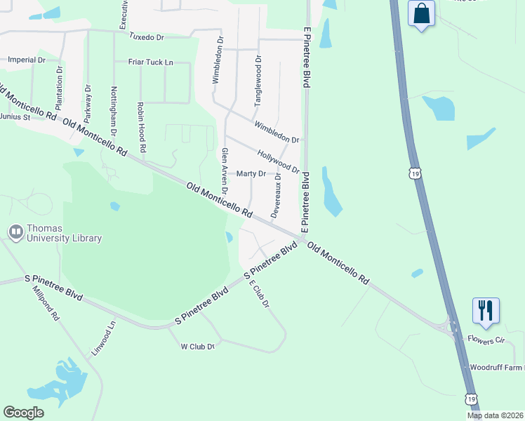 map of restaurants, bars, coffee shops, grocery stores, and more near 2105 Old Monticello Road in Thomasville
