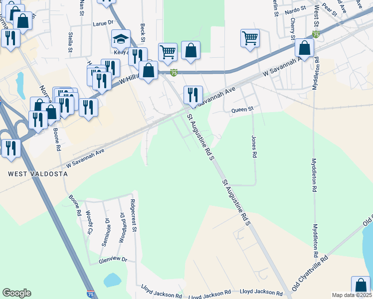 map of restaurants, bars, coffee shops, grocery stores, and more near 549 Burnette Boulevard in Valdosta