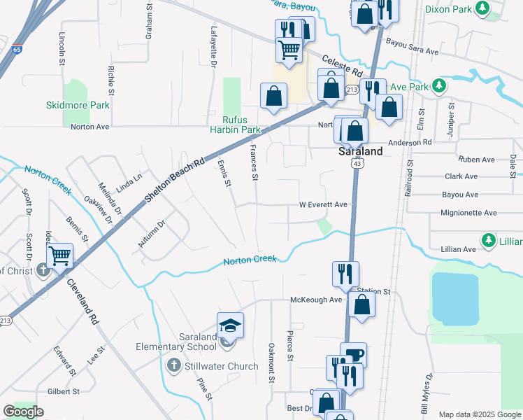 map of restaurants, bars, coffee shops, grocery stores, and more near 131 Frances Street in Saraland