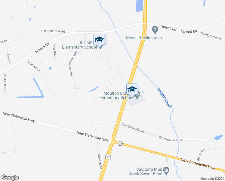 map of restaurants, bars, coffee shops, grocery stores, and more near 5680 Sacramento Street in Valdosta