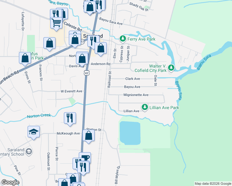 map of restaurants, bars, coffee shops, grocery stores, and more near 124 Mignionette Avenue in Saraland