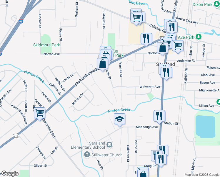 map of restaurants, bars, coffee shops, grocery stores, and more near 203 Ennis St in Saraland