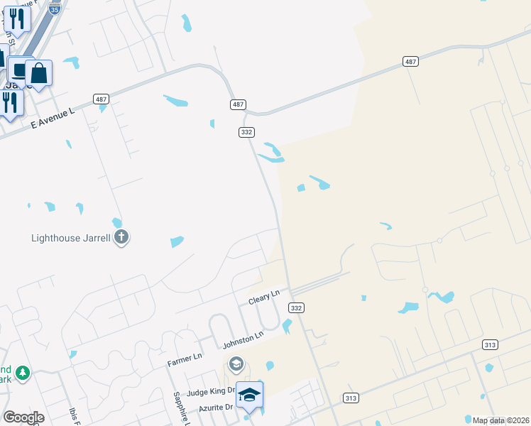 map of restaurants, bars, coffee shops, grocery stores, and more near 1801 County Road 332 in Jarrell