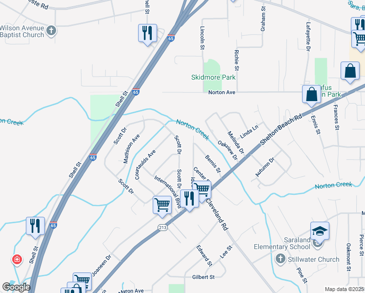 map of restaurants, bars, coffee shops, grocery stores, and more near 434 Scott Drive in Saraland
