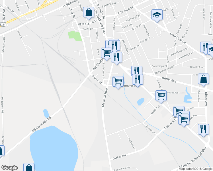 map of restaurants, bars, coffee shops, grocery stores, and more near 2108 South Oak Street in Valdosta