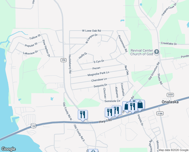 map of restaurants, bars, coffee shops, grocery stores, and more near 354 Magnolia Park Lane in Onalaska