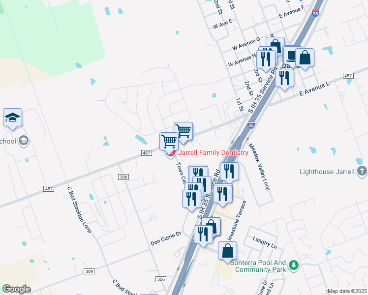 map of restaurants, bars, coffee shops, grocery stores, and more near 180 Town Center Boulevard in Jarrell