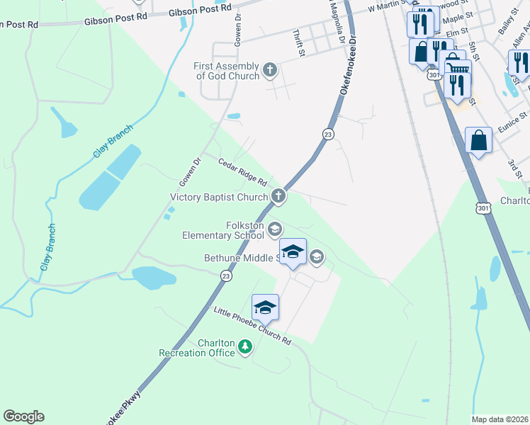 map of restaurants, bars, coffee shops, grocery stores, and more near Okefenokee Parkway in Folkston