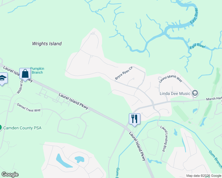 map of restaurants, bars, coffee shops, grocery stores, and more near 135 Fiddlers Cove Drive in Kingsland