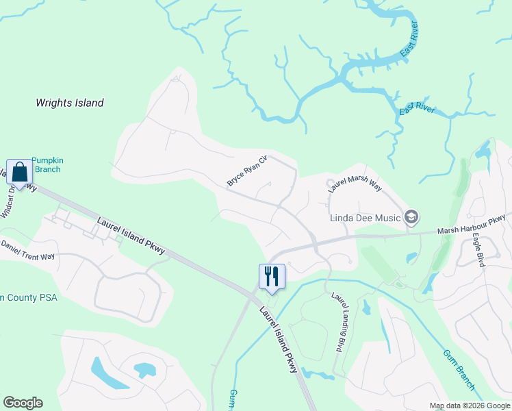 map of restaurants, bars, coffee shops, grocery stores, and more near 126 Fiddlers Cove Drive in Kingsland