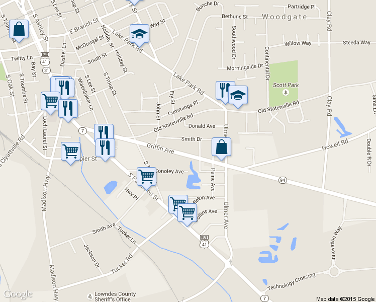map of restaurants, bars, coffee shops, grocery stores, and more near 528 Griffin Ave in Valdosta