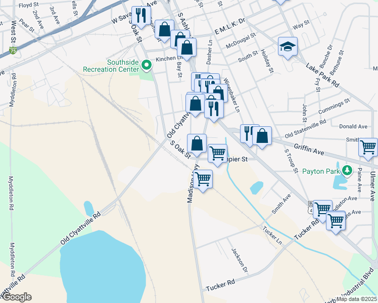 map of restaurants, bars, coffee shops, grocery stores, and more near 404 Cummings Street in Valdosta
