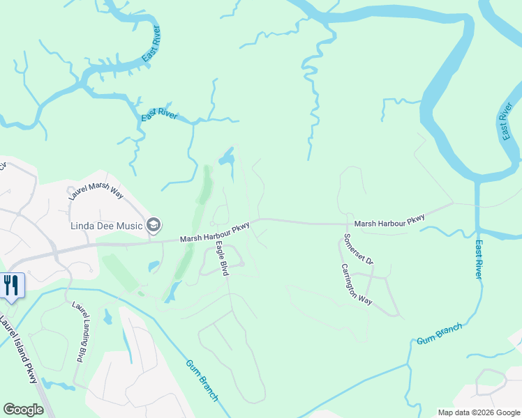map of restaurants, bars, coffee shops, grocery stores, and more near 102 Maybird Drive in Kingsland