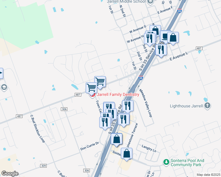 map of restaurants, bars, coffee shops, grocery stores, and more near 303 Farm to Market Road 487 in Jarrell