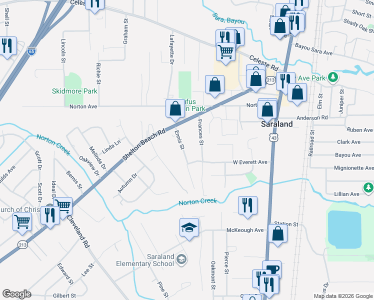 map of restaurants, bars, coffee shops, grocery stores, and more near 114 Ennis St in Saraland