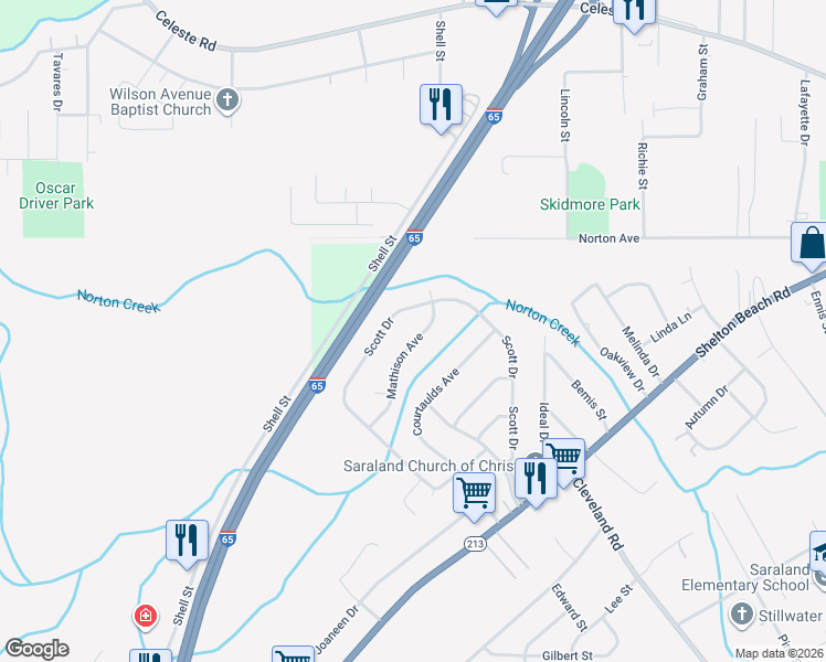 map of restaurants, bars, coffee shops, grocery stores, and more near 113 Mathieson Avenue in Saraland