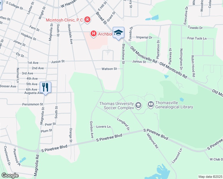 map of restaurants, bars, coffee shops, grocery stores, and more near 1305 Millpond Road in Thomasville